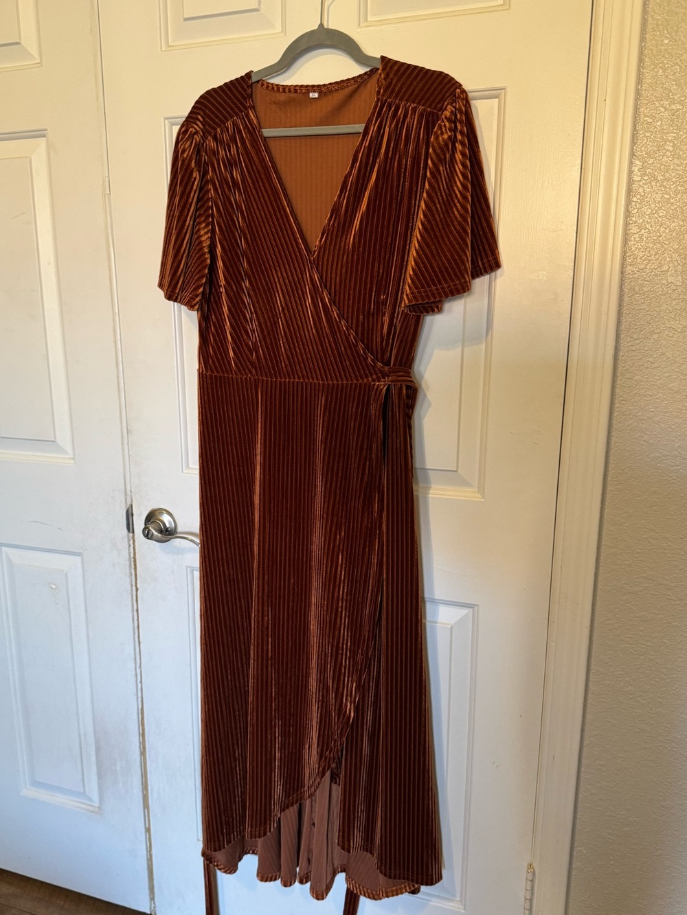 Women's Burnt Orange Velvet V Neck Wrap Dress - Picture 5 of 15